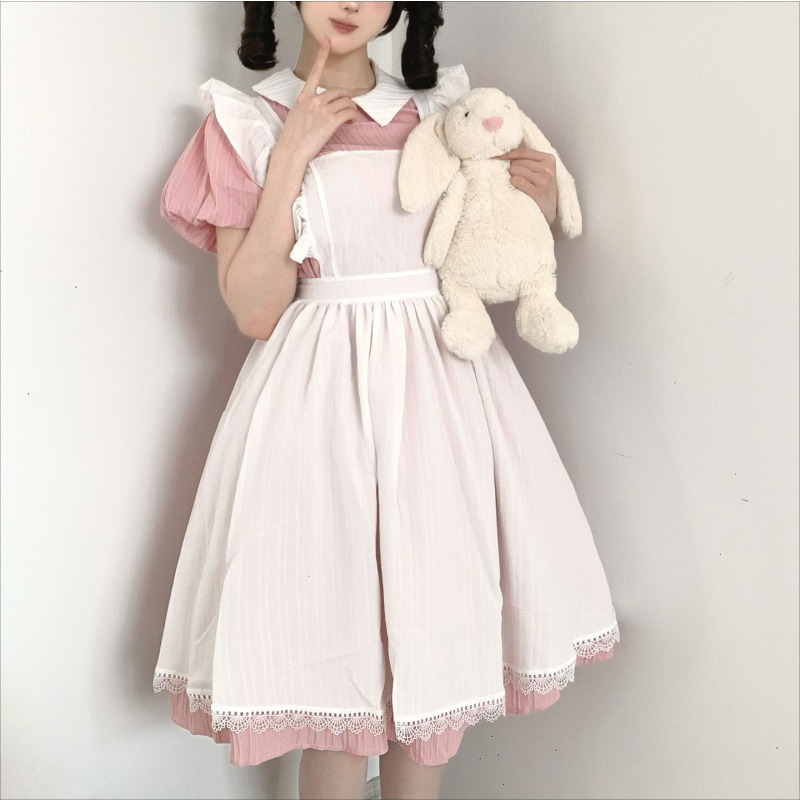 Vintage Fashion Dresses - Uzun Pembe Beyaz Hizmetçi Elbisesi, Peter